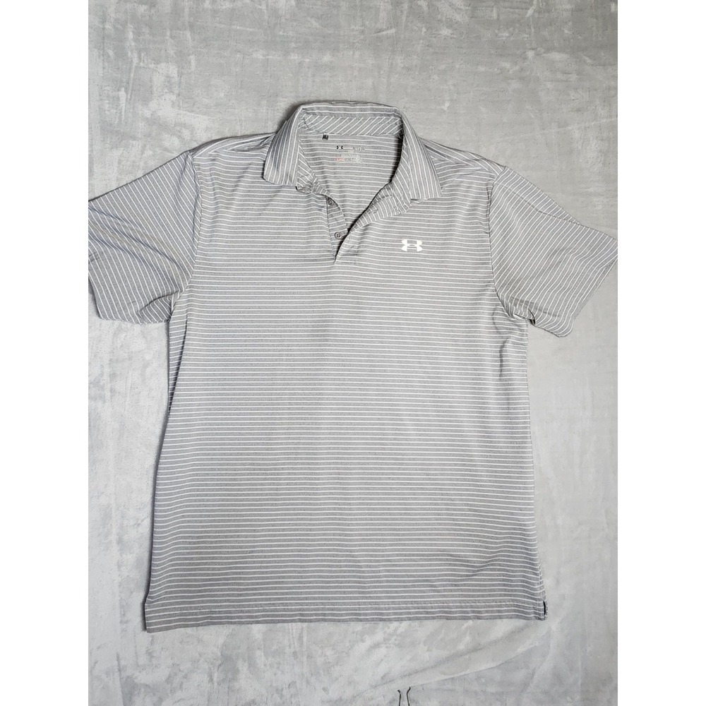 Under Armour Loose HeatGear Men's‎ Gray White Striped Golf Polo Shirt Size XL